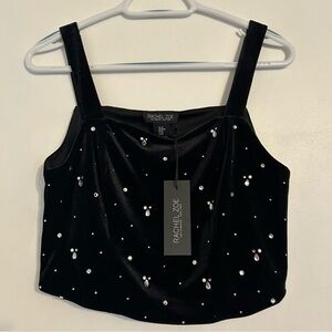 NWT Rachel Zoe Black Velvet Pearl-Studded Rhinestones Crop Top Medium Sparkly